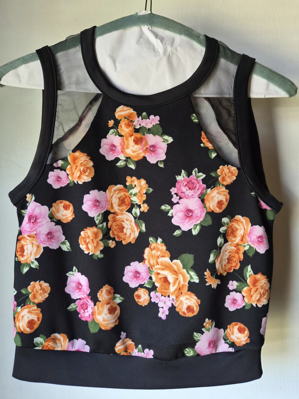 NWOT - Black Floral Crop Tank with Mesh Detail. Pink & Orange Roses - XS